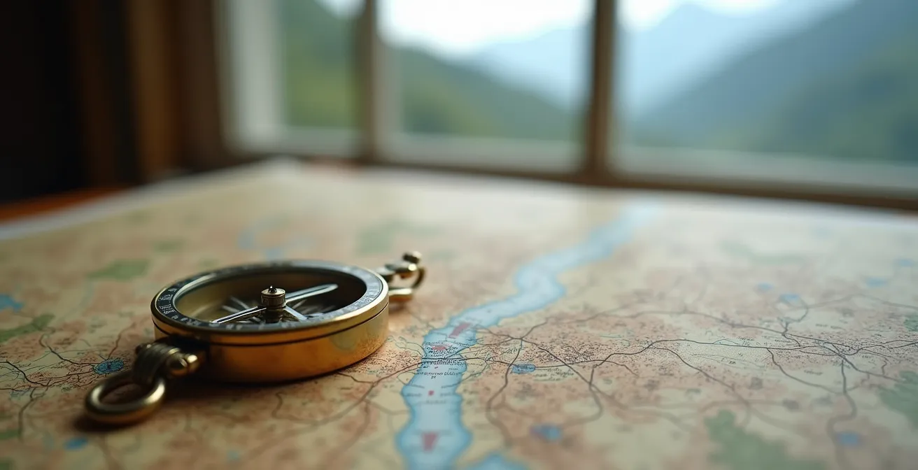 Carte topographique avec cercles concentriques montrant les zones de temps de trajet depuis Genève