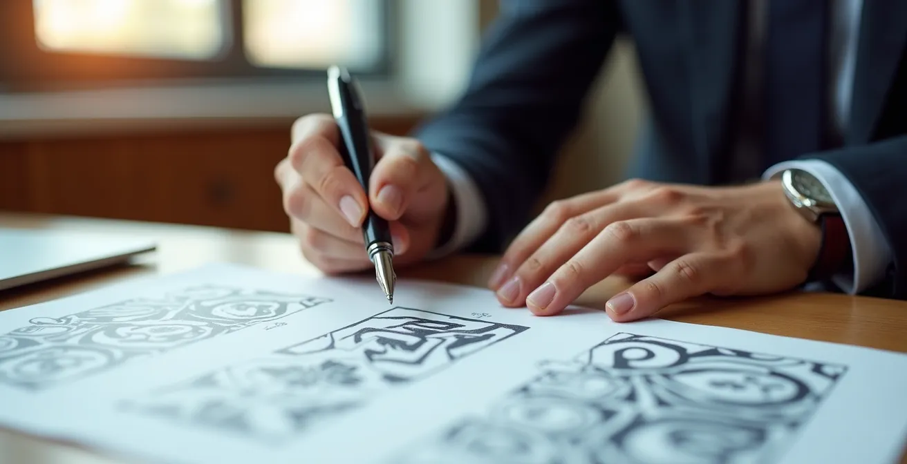 Gros plan sur des mains tenant un stylo plume au-dessus d'un document avec motifs abstraits